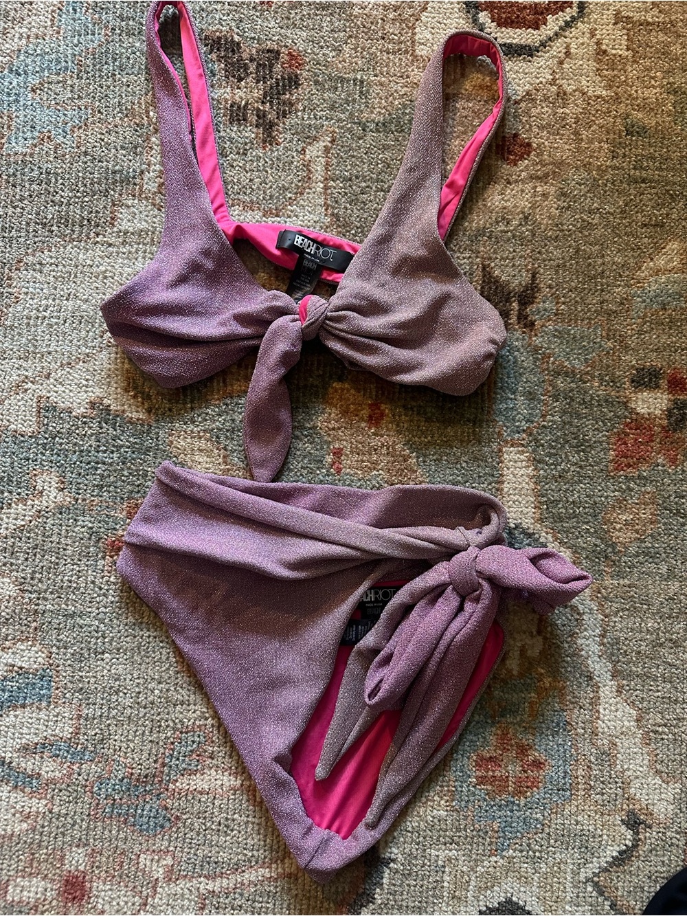 Beach Riot Dusty Rose Shimmery Tie-Front Bikini Set